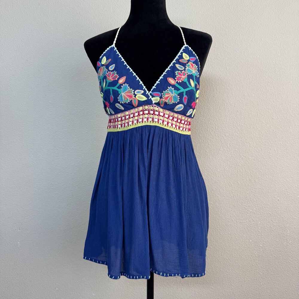 Banjara Top Womens Medium Blue Embroidered Halter Smocked Boho Mini Flirty